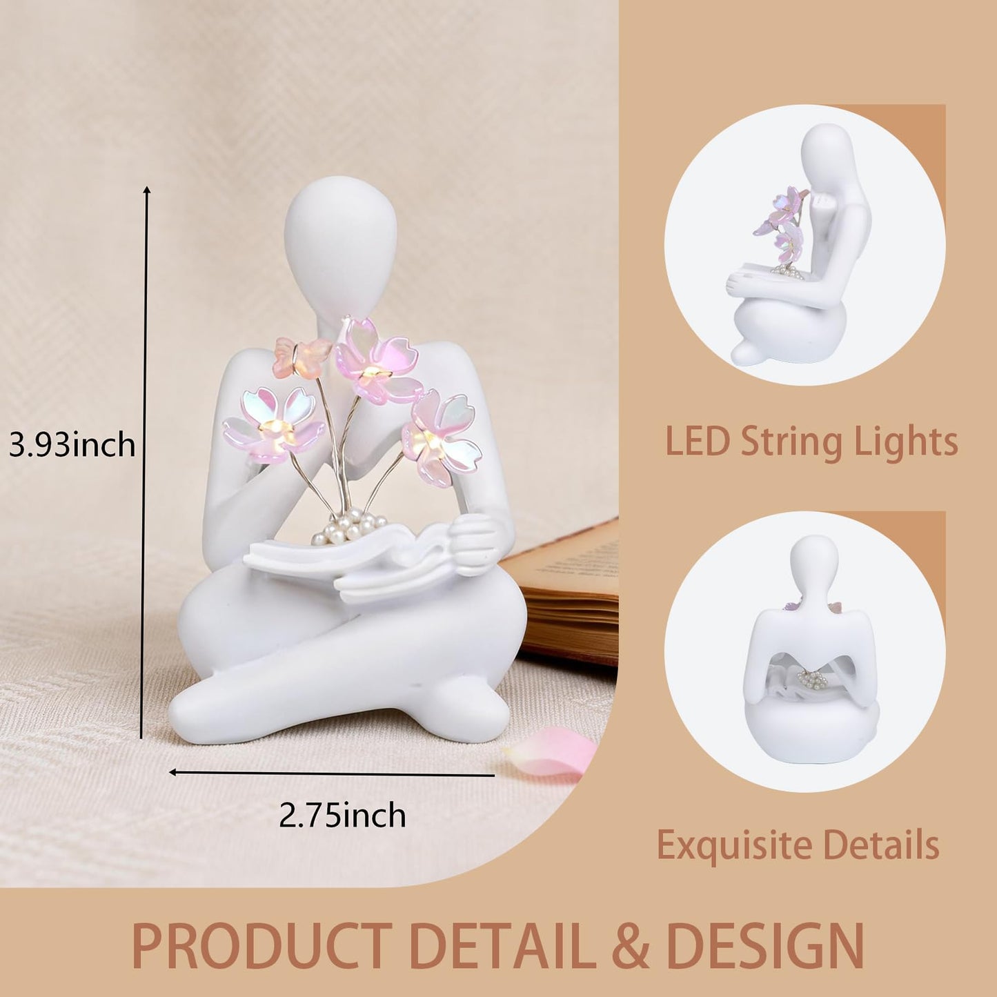 O-FarFarm Bookshelf Decor Thinker Statue with Blossom Lamp - Battery Powered Night Light & Modern Adornos para Sala, Reading Nook Lighting - Gift for Adults and Art Collectors