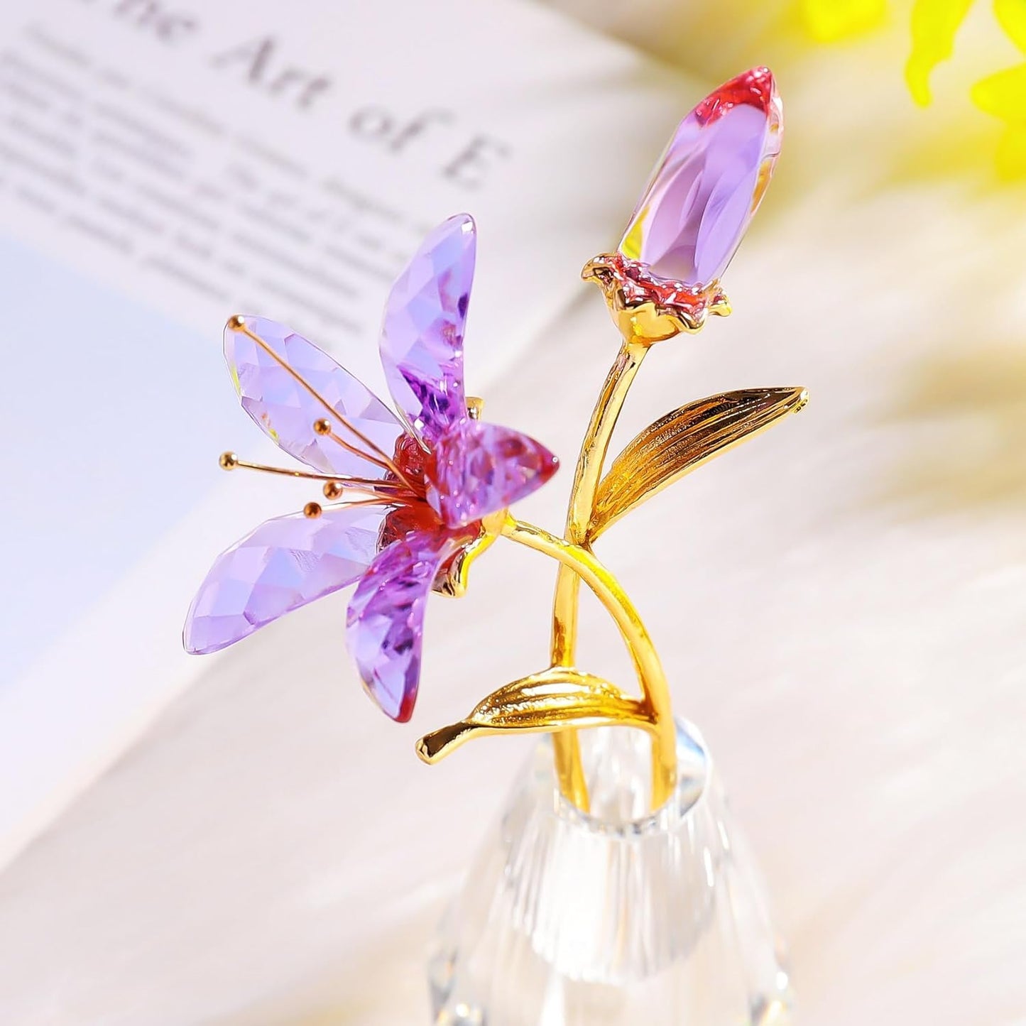 Purple Crystal Lily Flower Figurine with Stems - Handmade Collectible Statue for Decoration Mothers Day Centerpiece Valentines Day Bridal Shower Gift