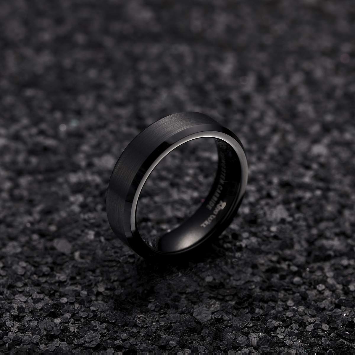 King Will 6mm Men's Black Wedding Ring - Brushed Matte Surface, Beveled Polished Edge, Comfort Fit Size 9.5