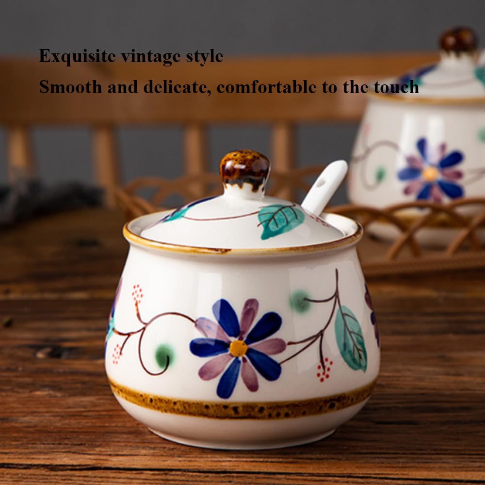 YMYL Ceramic Sugar Bowl with Lid and Spoon, 11oz Porcelain Sugar Holder for Coffee Bar, Salt Container Pepper Storage Jar for Home and Kitchen (Blue)
