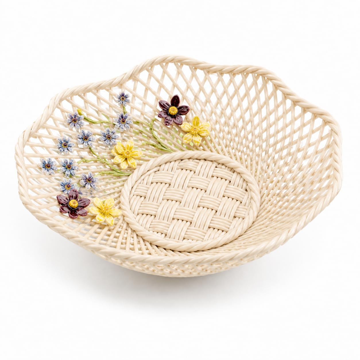 Belleek Classic Wild Irish Hedgerow Spring Basket - Boho Room Decor, Handmade Flower Basket, Decorative Storage Baskets for Bedroom and Bathroom Decor, 7”D x 1.5”H