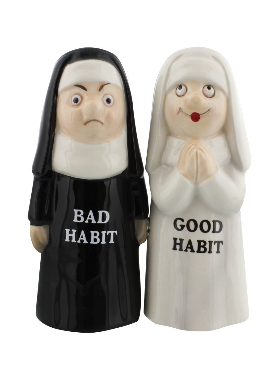 Good Habit Bad Habit Nuns Ceramic Magnetic Salt and Pepper Shaker Set