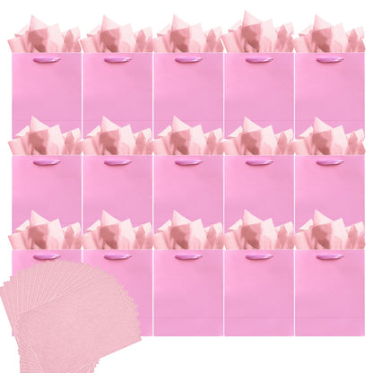 qiqee 24pcs Pink Gift Bags with Tissue Paper for Wedding, Birthday, Party Supplies-4.7"x6.3"x2.4" Small Size Cardboard Gift Bags（24pcs Bags + Tissue Paper ）