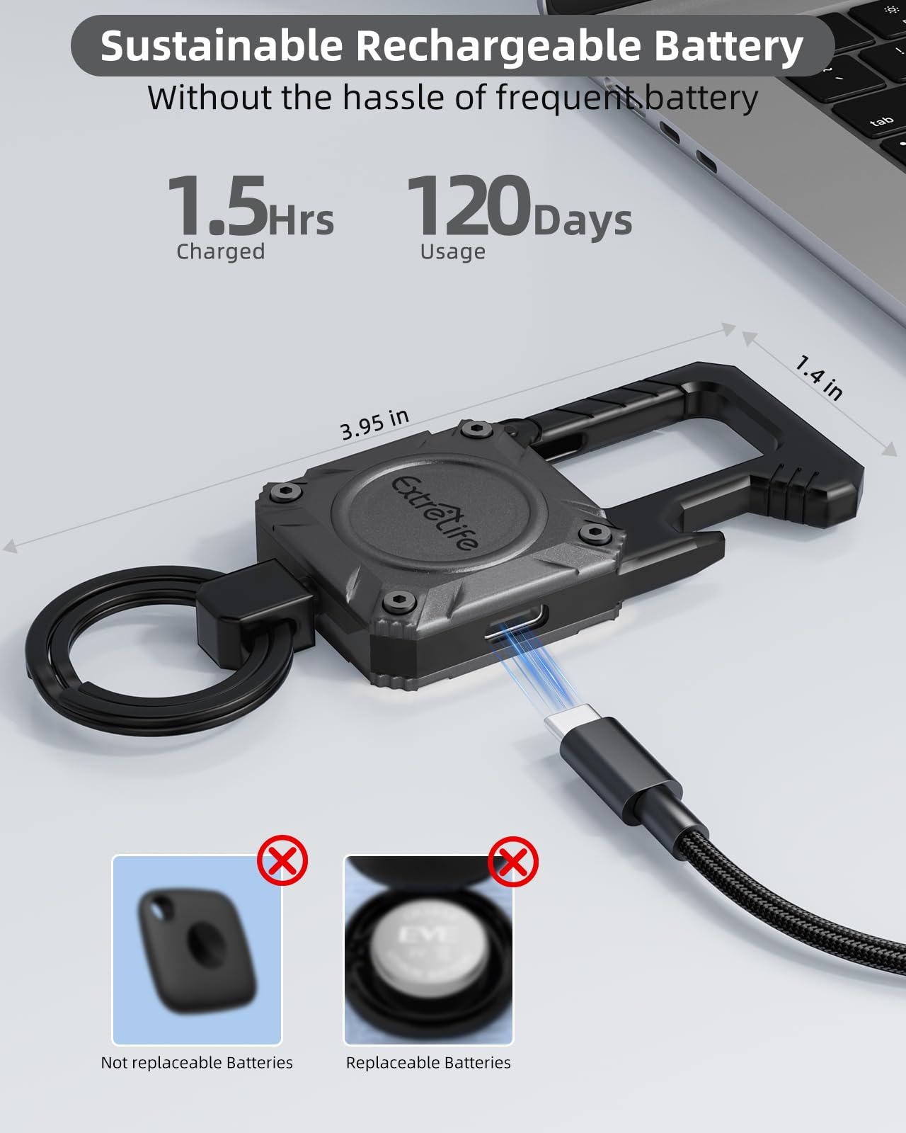 ExtreLife Keychain, Works with Apple Find My, Heavy Duty Keychain Bottle Opener, Carabiner Car Key Chains with Gps Tracker, Key Finder, Bluetooth Tracker, Rechargeable, Space Gray