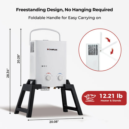 CAMPLUX Outdoor Portable Propane Caming Water Heater 1.32 GPM with Pump Pack Kits, Freestanding Stand & Carry Bag, AY132Max, White