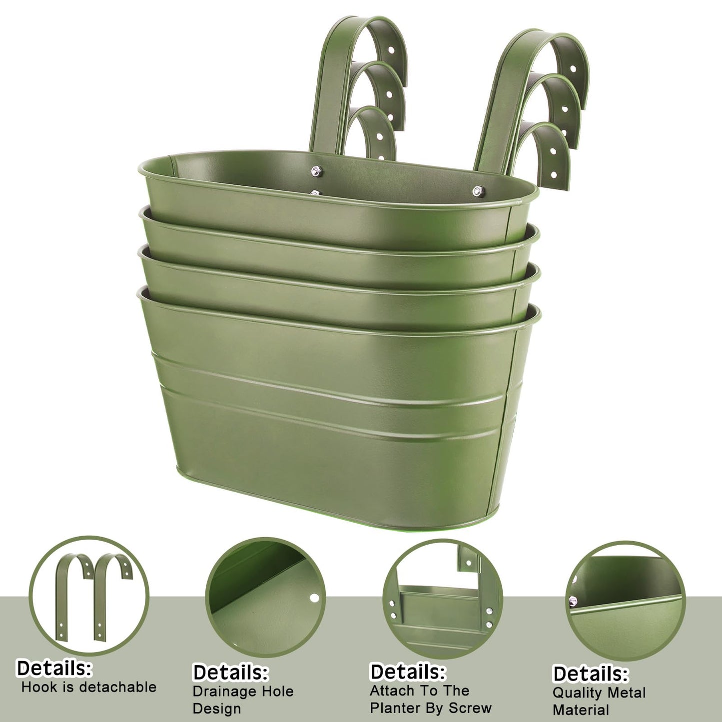 Hicarer 4 Pcs Metal Hanging Flower Pots for Railing Fence, 10.6 Inch Hanging Rail Planters for Outdoor Window Balcony Plants Holder with Hooks for Garden Yard Home Decor (Green)