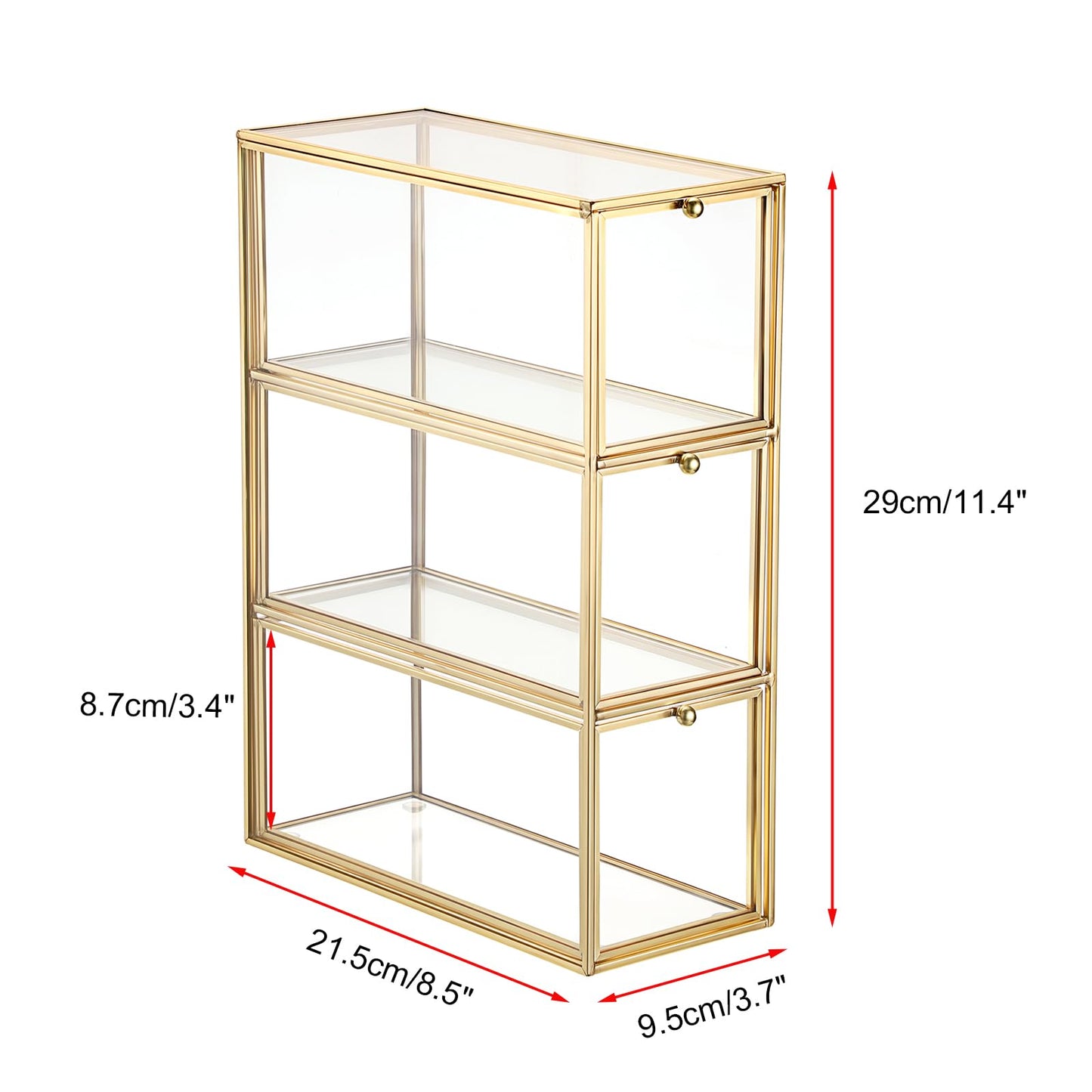JUXYES Tabletop Brass Glass Rock Display Case with 3 Drawers - Modern Clear Rocks Collections Display Case Box - Gold Dust Proof Case Small Shelf for Collectible, Mineral Crystal, Rock, Stones
