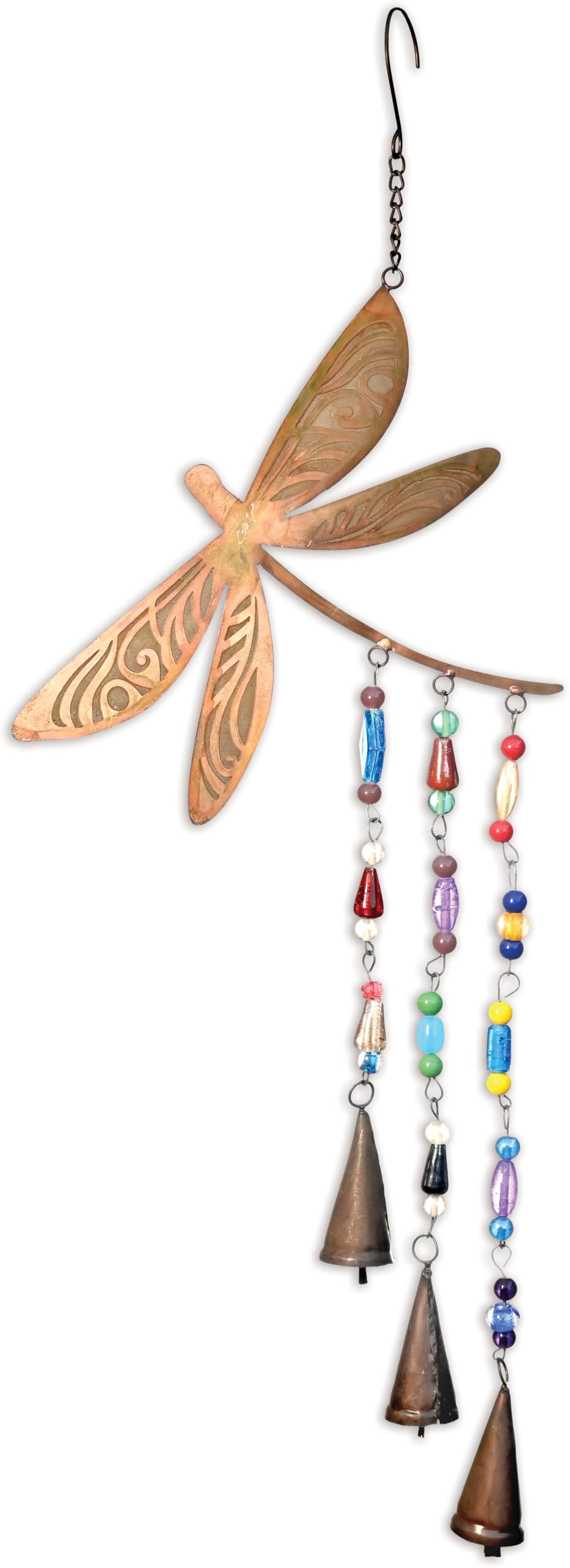 Sunset Vista Designs Windchimes - Handcrafted Glass Bead & Bells Dragonfly Bell Chime, 10.5" Long, Verdigris