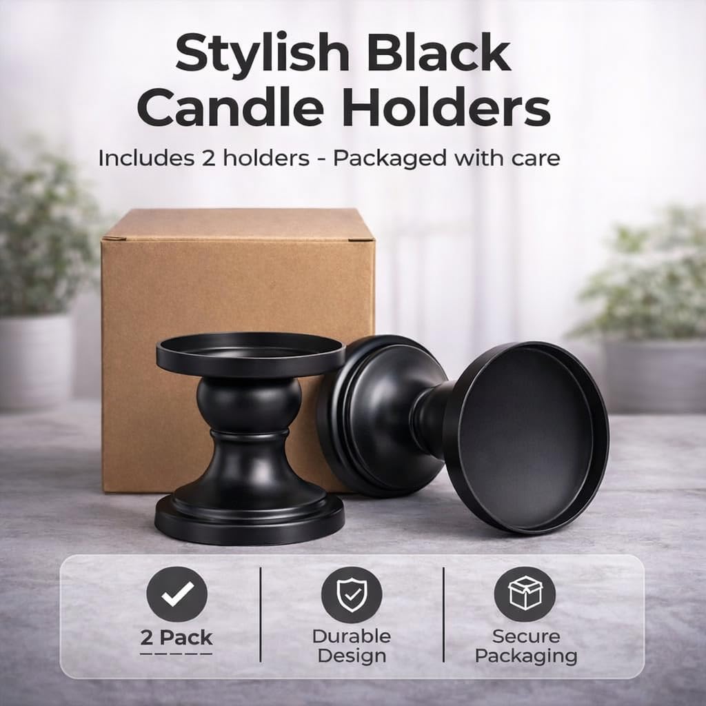 Matte Black Iron Pillar Candle Holders, 2pcs Reversible Design for Pillar & Taper Candles, Living Room Dining Table Fireplace Decor, Meditation, De-Stress, Romantic Ambiance