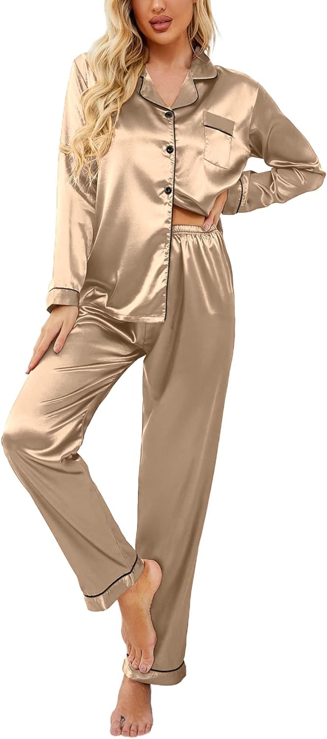 Ekouaer Women's Classic Button Down Long Satin Silk Pajama Set