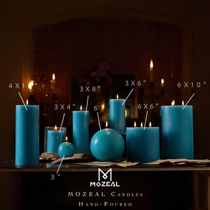 MOZEAL Hand-Poured, 3 Inch Turquoise Round Ball Candles - Elegant Teal Round Pillar Candles Set of 3, Dripless, Unscented, Smokeless, Ideal for Summer Parties.