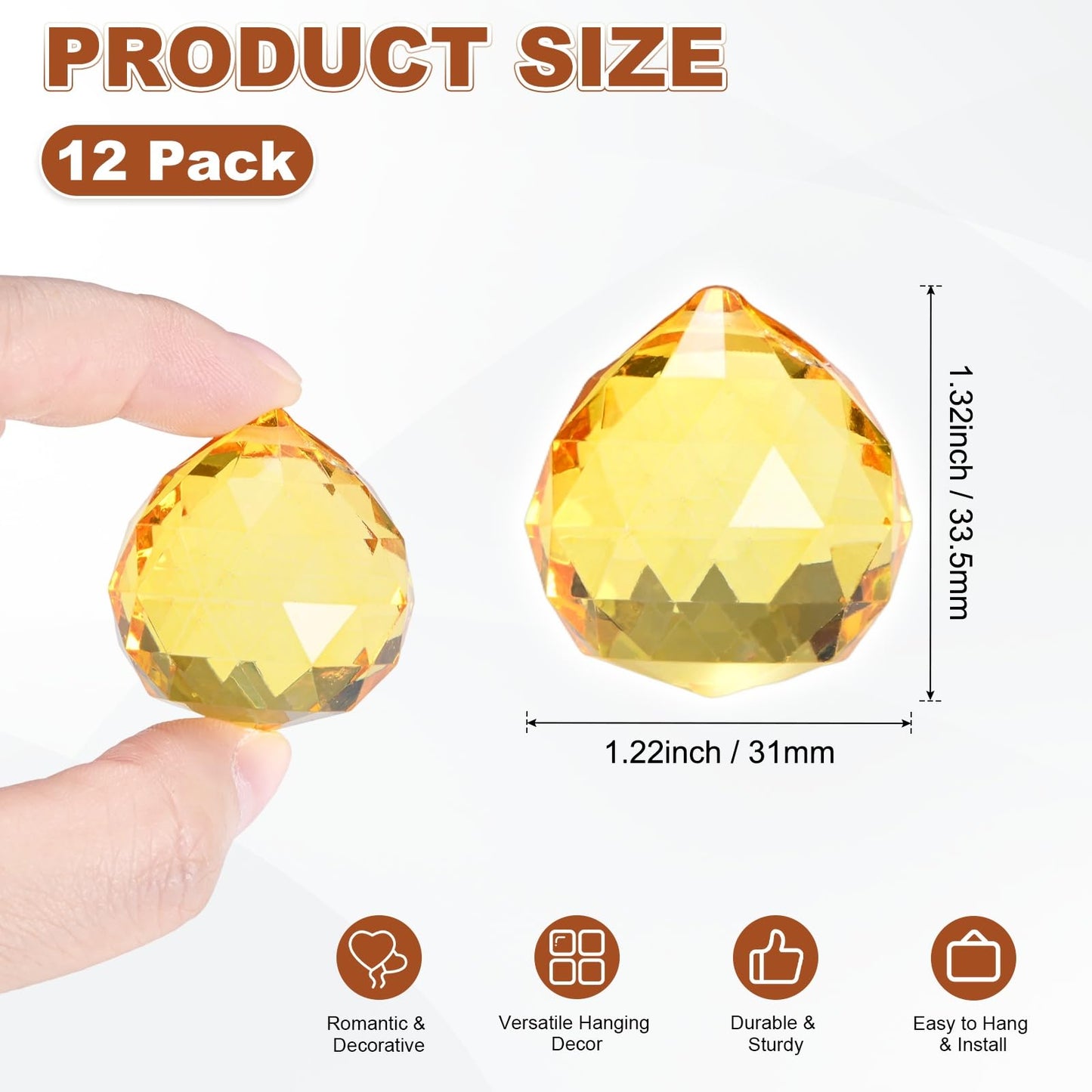 M METERXITY 12-Pack Crystal Ball Prisms, 33.5mm/1.32 Inch Chandelier Pendant Maker Hanging Crystals Chandelier Prisms for Home/Windows/Garden/DIY Decoration[Golden Yellow]
