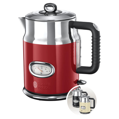 Russell Hobbs Kettle [1.7 L, 2400 W] Retro Red & Polished Stainless Steel (Quick Boil Function, Water Temperature Display in Retro Design, External Water Level Indicator) Vintage Tea Maker 21670-70