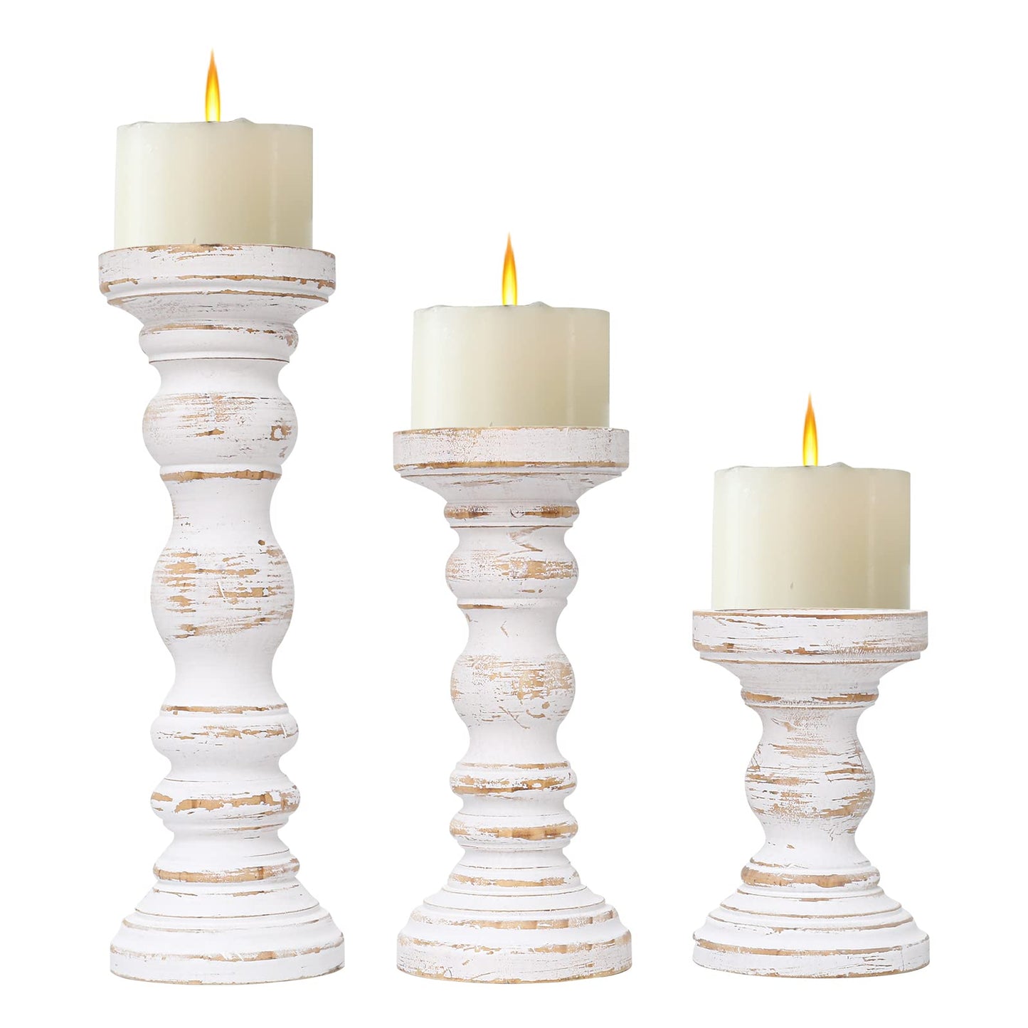 SWALLOWLIVING Rustic Farmhouse Wood Pillar Candle Holder Set of 3 for Candlestick, White