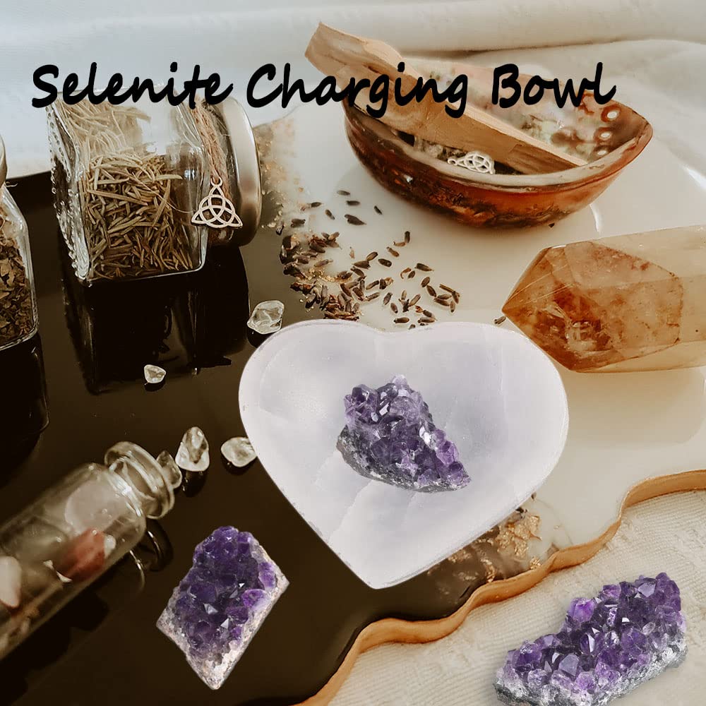 MOGEMT 4 Inch Selenite Bowl Hand-Carved Heart Shape Selenite Crystals Holder for Cleansing, Charging, Smudging, Healing, Decoration or Gift
