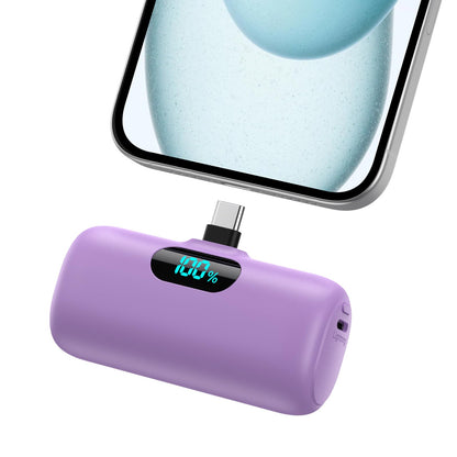 Mini Portable Charger USB C Power Bank,Upgraded 5000mAh PD Fast Charging Battery Pack Built-in USB-C Connector,LCD Display,Compatible with iPhone16,16 Plus,16Pro/Max/15,iPad Pro/Air,Android Phone etc