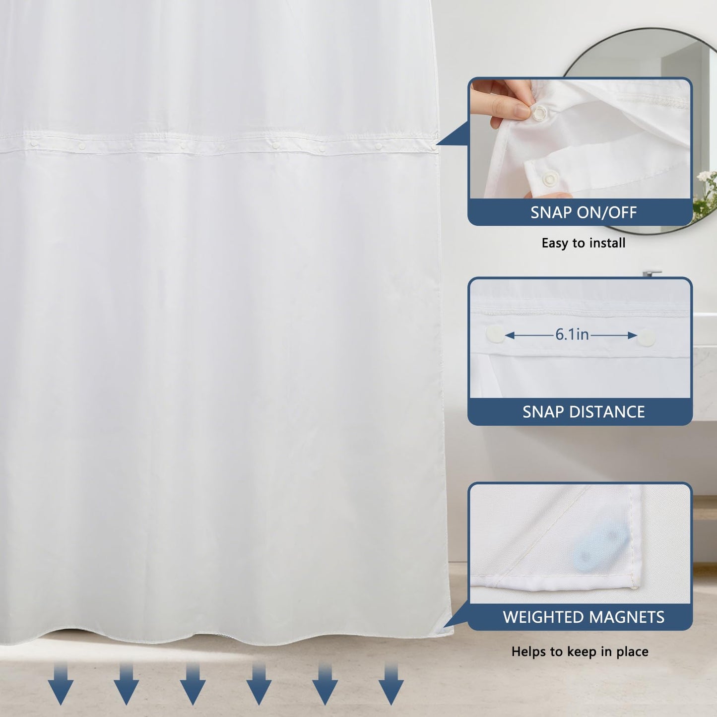 NAEMBCU No Hook Shower Curtain with Snap in Liner 71x74 Inch
