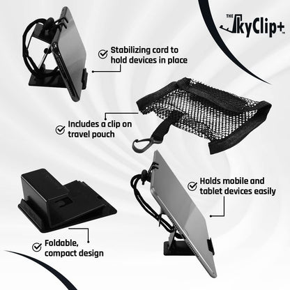 The SkyClip+ Phone & Tablet Holder for Air Travel, Home and Office Use - Inflight Phone Mount & Stand Compatible with iPhone, Android, Kindle and Tablets - Travel Accessory (Black & Black, 2 Pack)