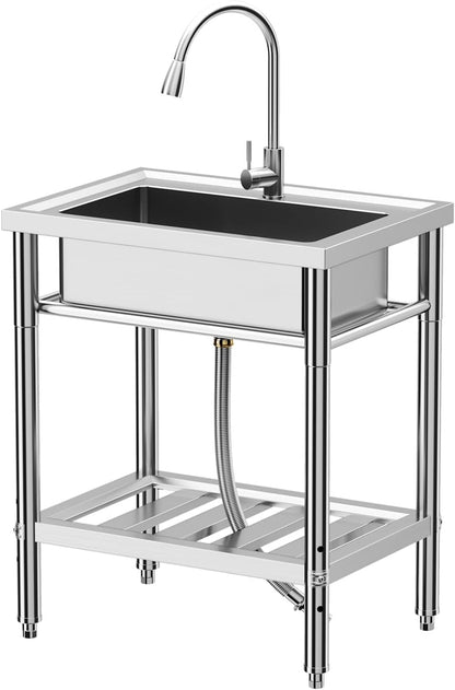 ExploreHorizon 28"x20"x34" Stainless Steel Utility Sink, Freestanding Single Bowl with Hot & Cold Water Faucet, Commercial Kitchen Laundry Bathroom Garage Garden Sink