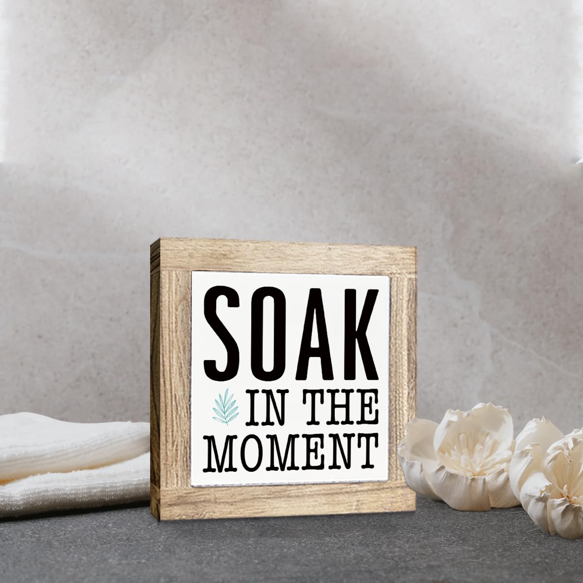 Bath Decoration, Soak in the Moment Sign, Relaxing Bathroom Decor, Decorative Wooden Block Plaque Sign, Farmhouse Home Decors, Desk Decor Art, Housewarming Gift, 5.9X5.9X0.7inches