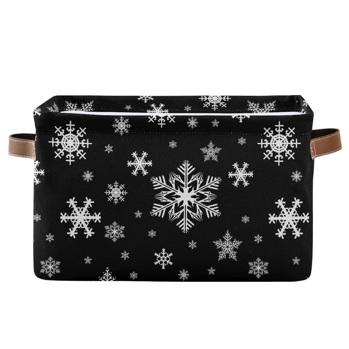 Winter Snowflake Black Storage Basket Fabric Kitchen Baskets Christmas Holiday Open Home Storage Bins Boxes Foldable Organizer Bag for Baby Cloth Xmas Baskets 16×12×8 Inches