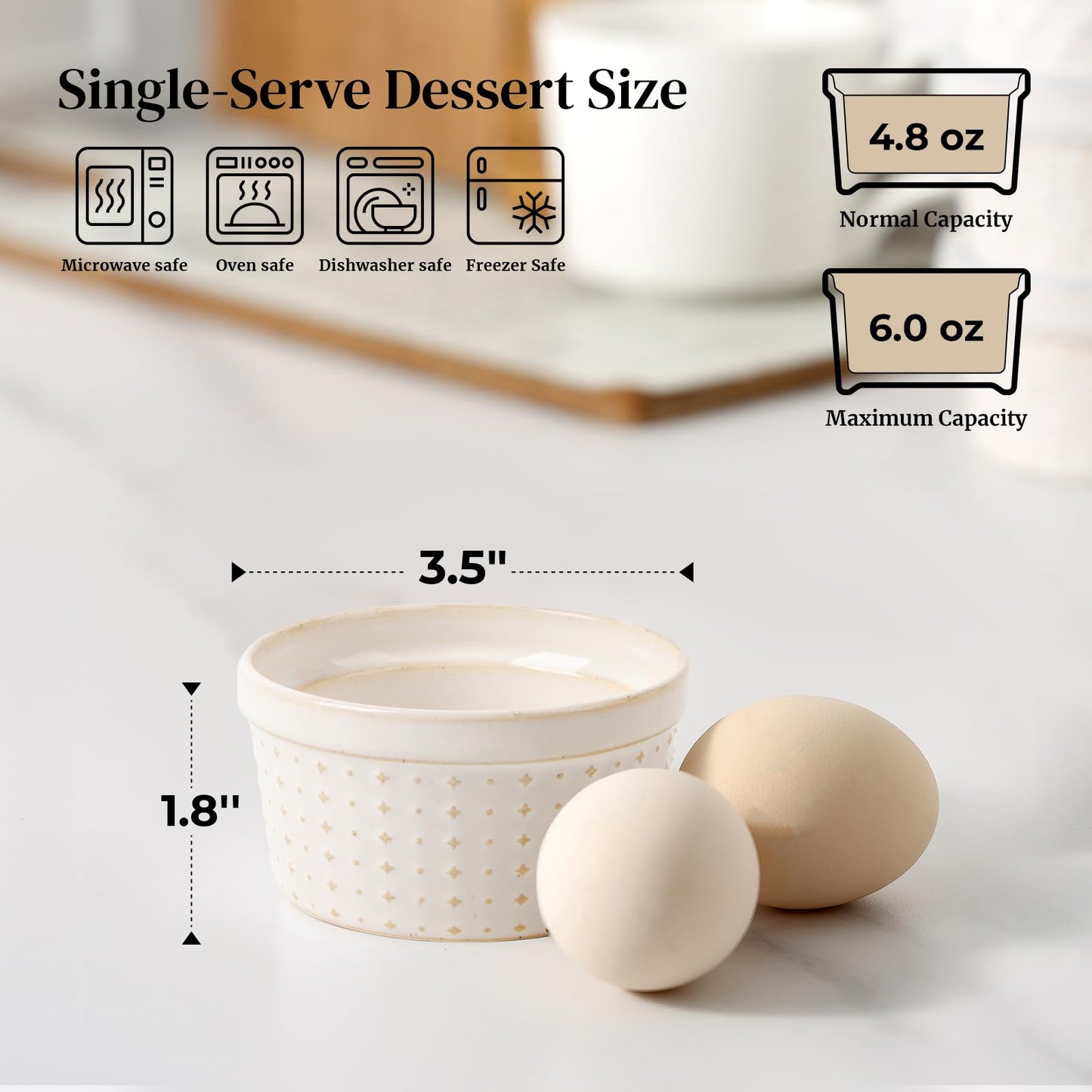 Dowan Ramekins 4 oz Oven Safe Set of 6, Arctic White Porcelain Baking Bowls and Ceramic Condiment Cups for Creme Brulee, Souffle, Pudding, Custard, Dipping Sauce and Small Charcuterie Boards