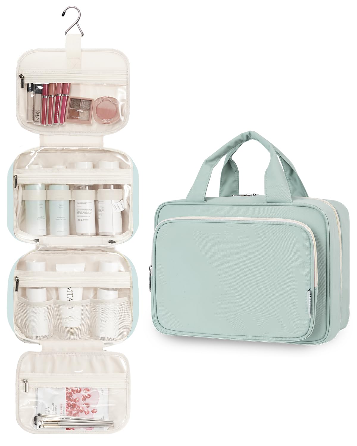 Narwey Hanging Travel Toiletry Bag for Women Wash Bag Cosmetics Makeup Bag Organizer for Travel Size Accessories (Mint Green (Medium))