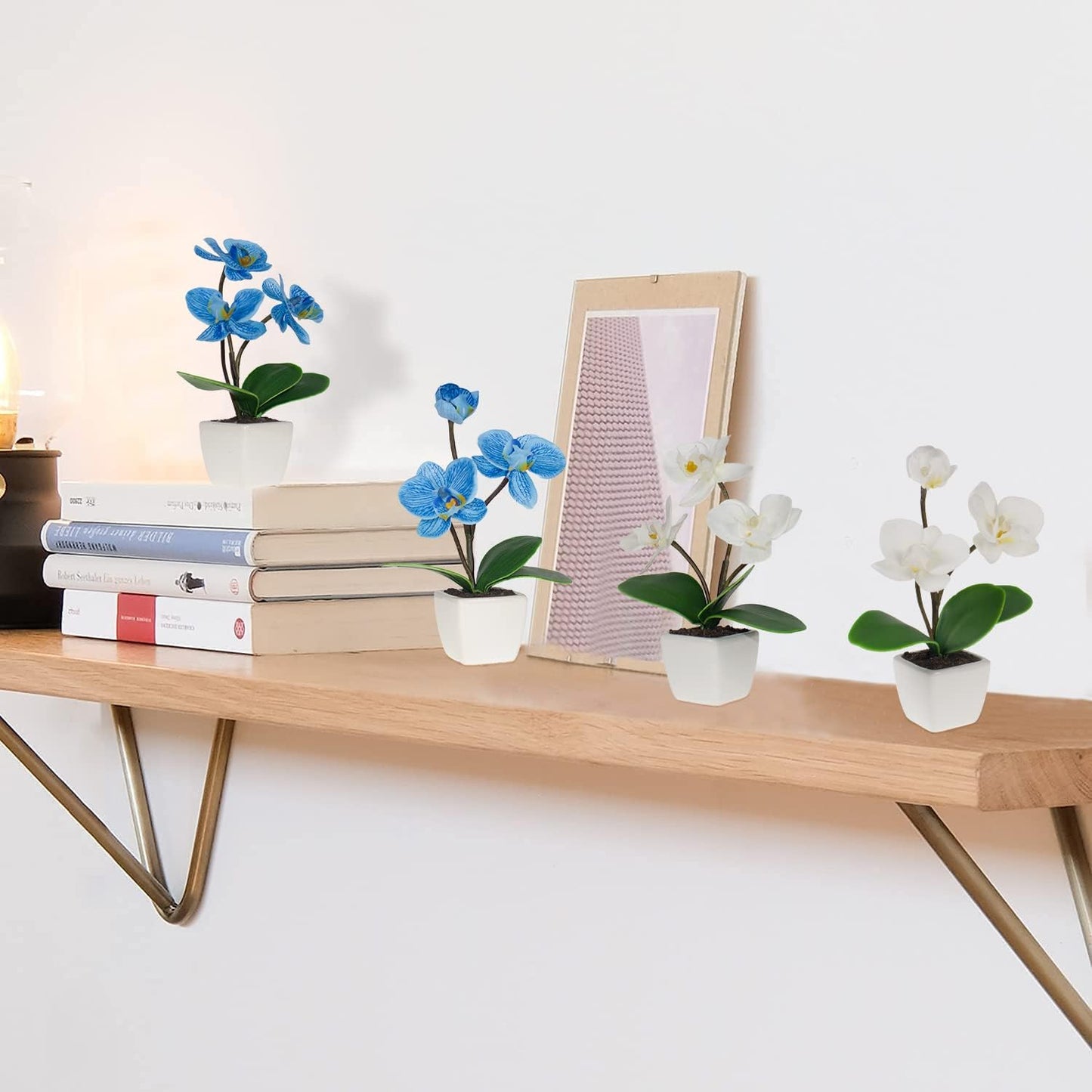 BINFEN Mini Artificial Silk Orchid Potted Flowers - 4pcs Real Touch Fake Small Plants in Ceramic Vase for Home Office Bathroom Living Room,Tiny Faux Table Shelf Decor White & Blue