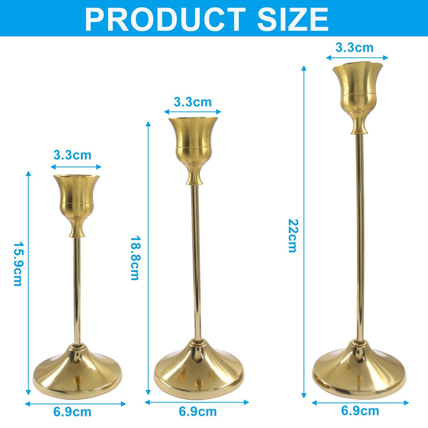 Wawory Brass Candlestick Holders, Metal Taper Candle Holder Candle Sticks for Table Mantel Festive Decorations, 2 Sets(6 Pcs)