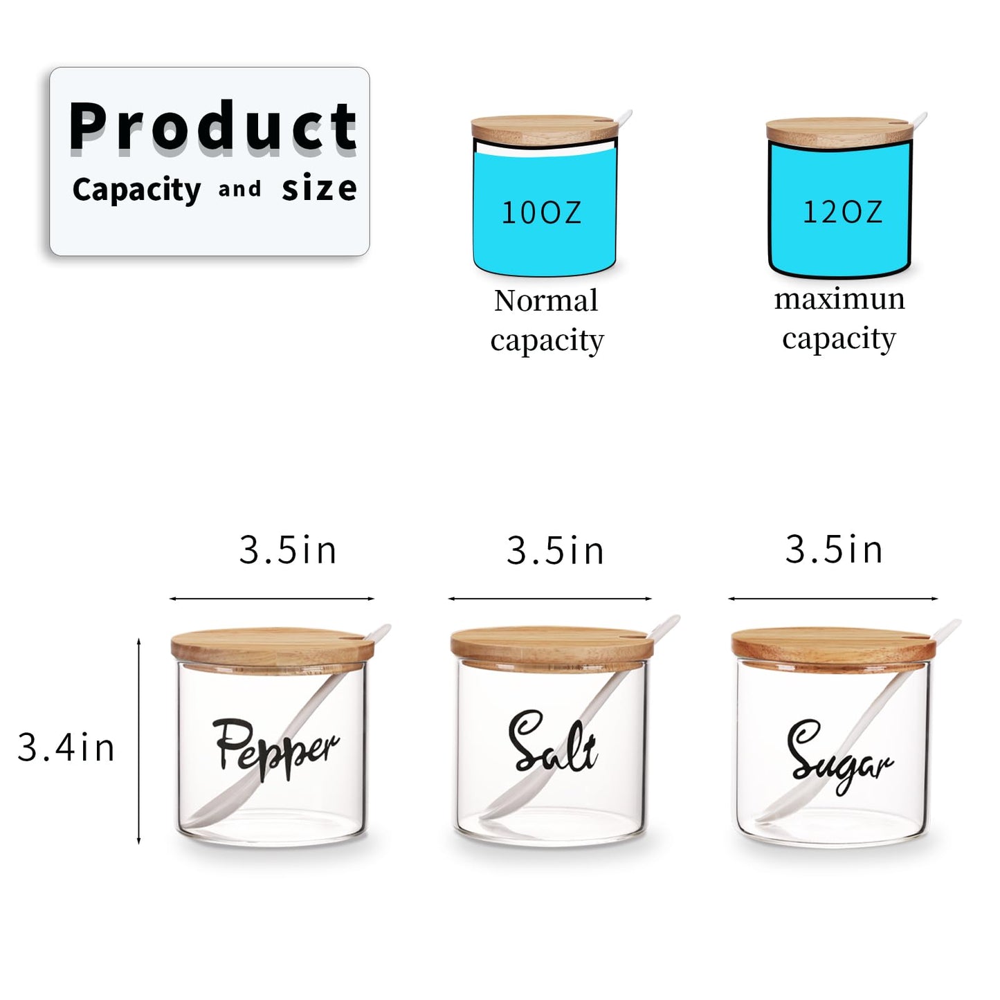 HAOTOP Clear Glass Sugar Pepper and Salt Bowls with Serving Spoon and Lid, Farmhouse Kitchen Countertop Canisters, Container Jar Dispenser Holder for Home Kitchen,12 oz