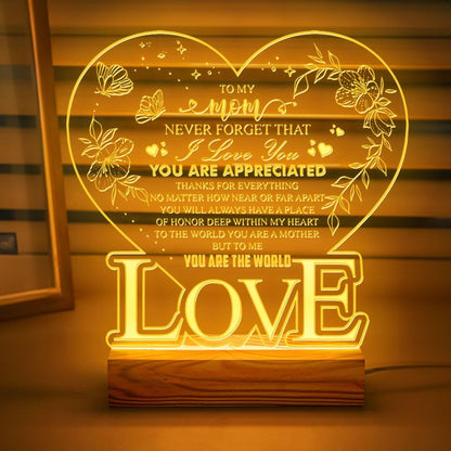 DongNaiWin to My Mom Never Forget That I Love You - Heart-Shaped LED Night Light for Mom - USB Powered Lamp with Engraved Love Message - Gift for Christmas Birthday, Home Decor