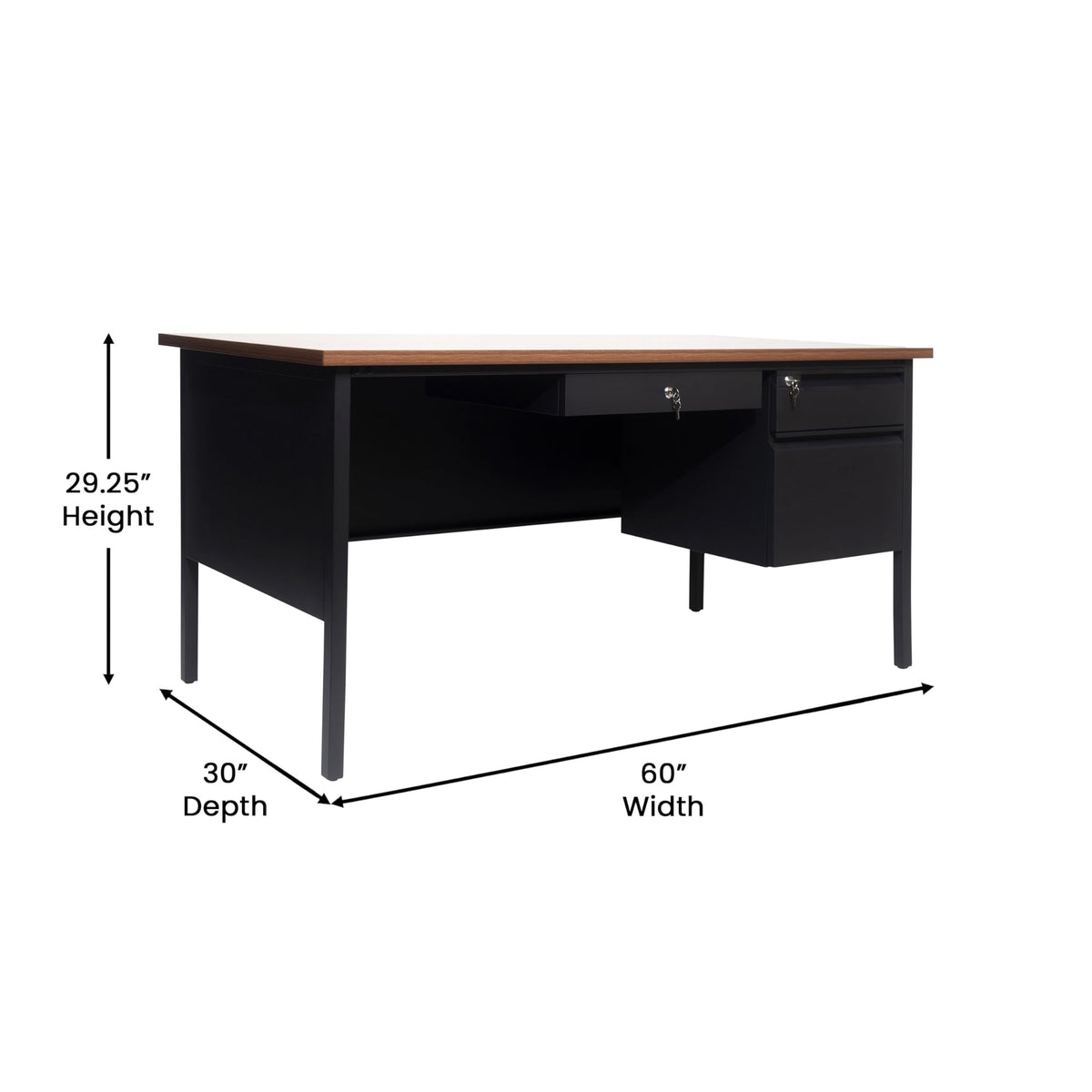 Flash Furniture Cambridge Right Side Single Pedestal Desk with 3 Locking Drawers, Commercial Grade Teacher's or Office Desk, 30x60, Metal Frame, Walnut/Black