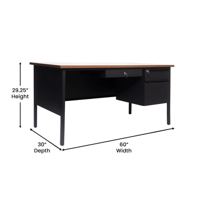 Flash Furniture Cambridge Right Side Single Pedestal Desk with 3 Locking Drawers, Commercial Grade Teacher's or Office Desk, 30x60, Metal Frame, Walnut/Black