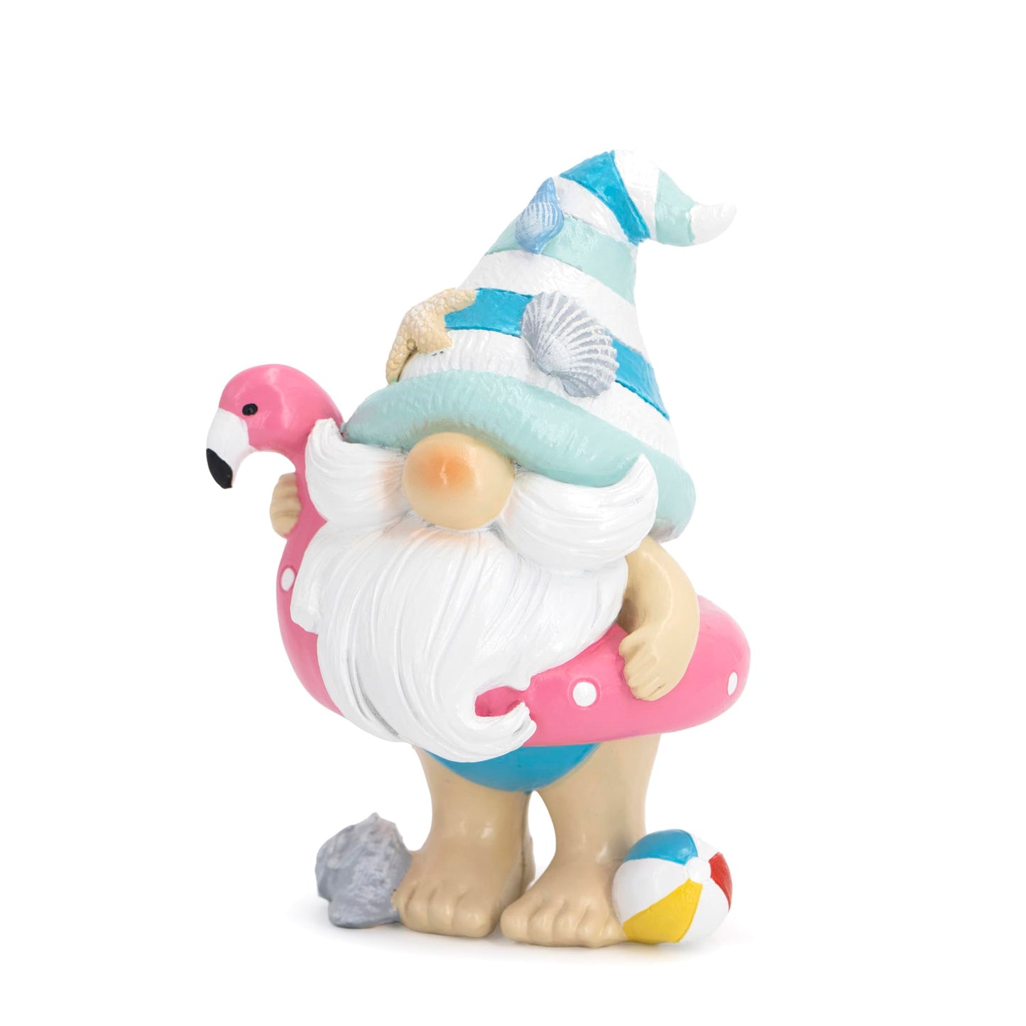 Hodao Coastal Ocean Gnome Decorations – Hand-Painted Resin Beach Gnome Figurine with Flamingo Float, Seashell Hat & Beach Ball, Summer Sea Decor Gift for Indoor Home, Bedroom & Tabletop Ornaments