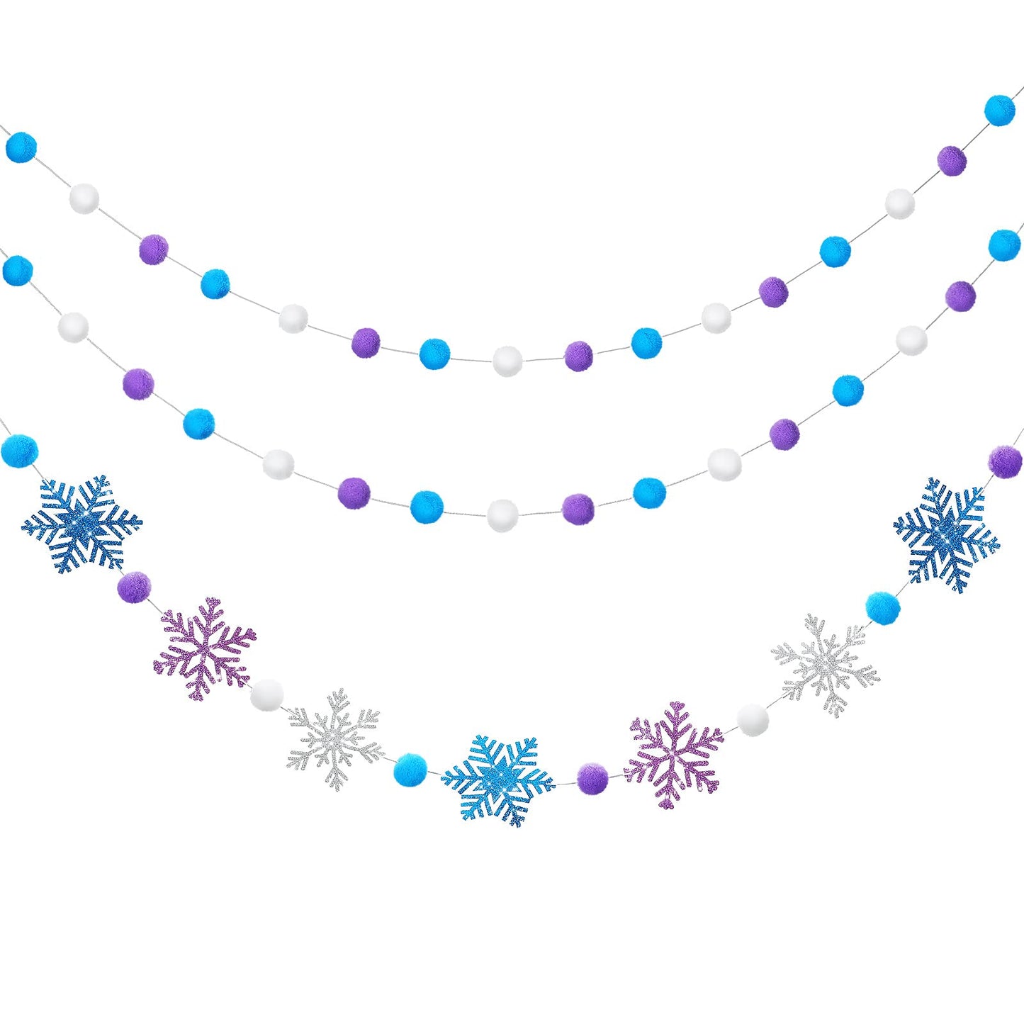 Tatuo 3 Pieces Winter Felt Ball Banner Snowflake Garland Glittery Banner Wonderland Theme Pom Pom Decor Holiday Hanging Decor for Birthday Baby Shower Wedding Party