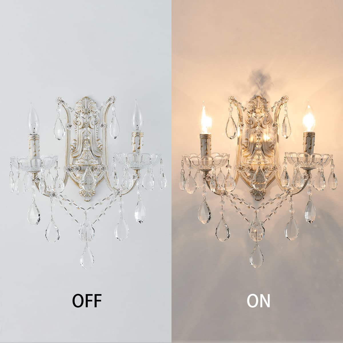 YLONG-ZS French Country Crystal Wall Sconce, 2-Light Distressed White Gold Candle Style with Teardrop Crystals, Hardwired Indoor Decor for Bedroom Bathroom Vanity, E12 Base