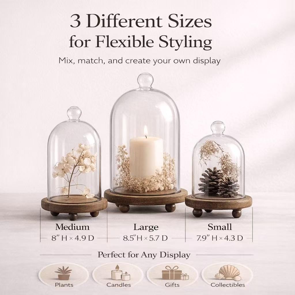 KMwares 3pcs Glass Bell Shape Dome Set (5.7"/4.9"/4.3") | Cloche Display with Wood Base | Empty Domes, Not Included Decorations