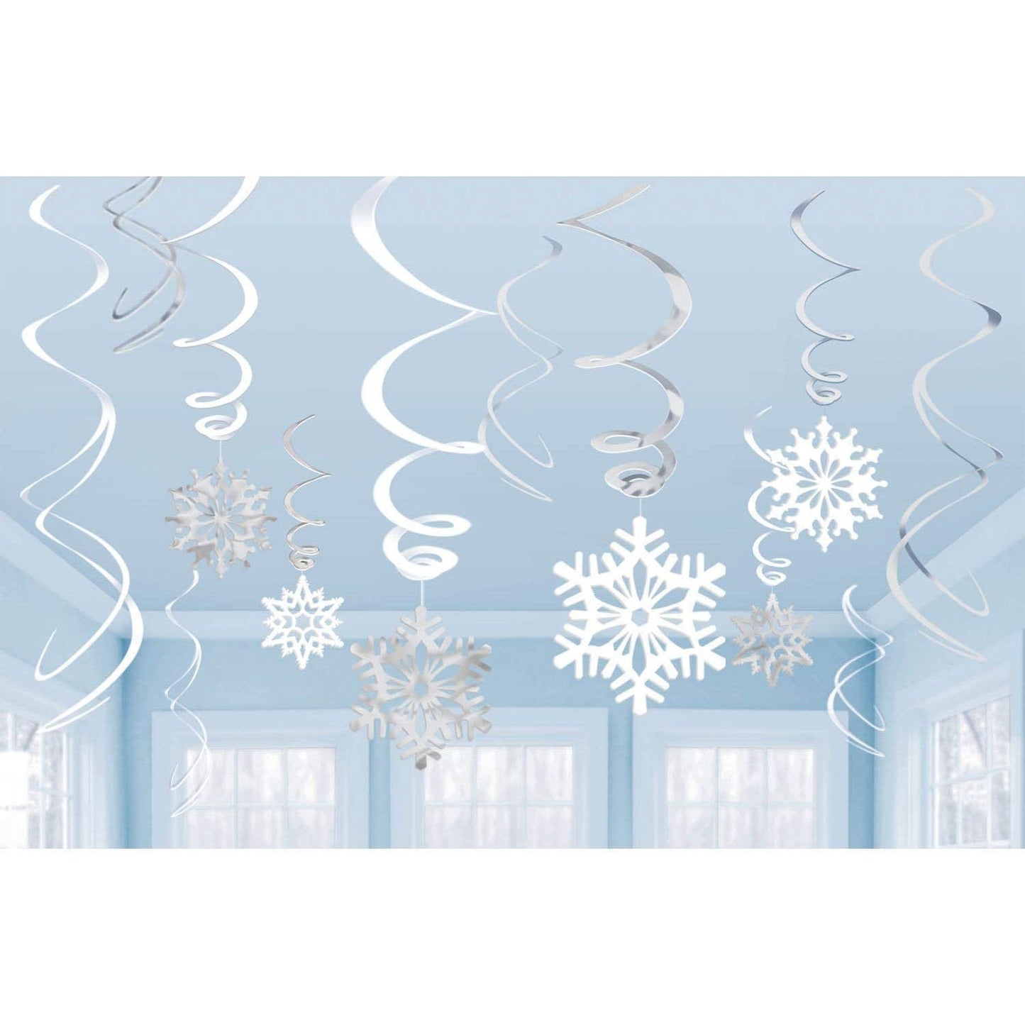 Metallic Silver Foil Snowflake Swirl Hanging Decorations - 24", 12 Pieces - Perfect Hanging Cutouts for Christmas Holiday Cheer