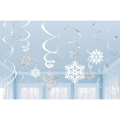 Metallic Silver Foil Snowflake Swirl Hanging Decorations - 24", 12 Pieces - Perfect Hanging Cutouts for Christmas Holiday Cheer