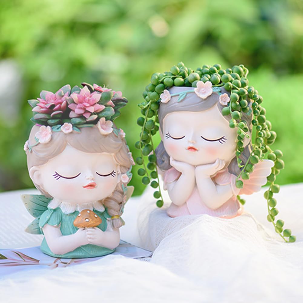 Argofox Small Angel Girl face Succulent Plant Pots kit 2 Pack with Drainage Hole Indoor Cactus Pot Unique Cute Flower Vases Decor with Girl Face Container Planter Chic Gardening Lover