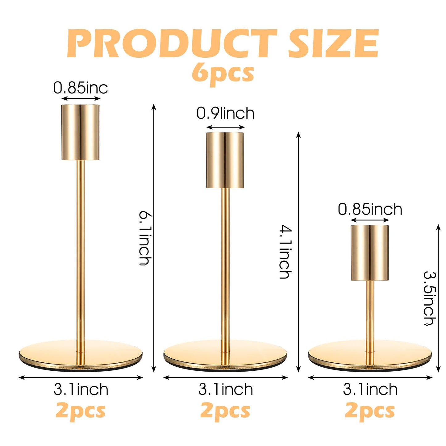 6 Pcs Gold Taper Candle Holders Set, Metal Candlestick Holder for Dining Table Centerpiece, Wedding, Mantel Decor, and Housewarming Gift