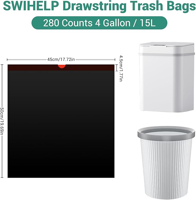 SWIHELP Drawstring Trash Bags 280 Counts 4 Gallon Garbage Bags 15 Liters