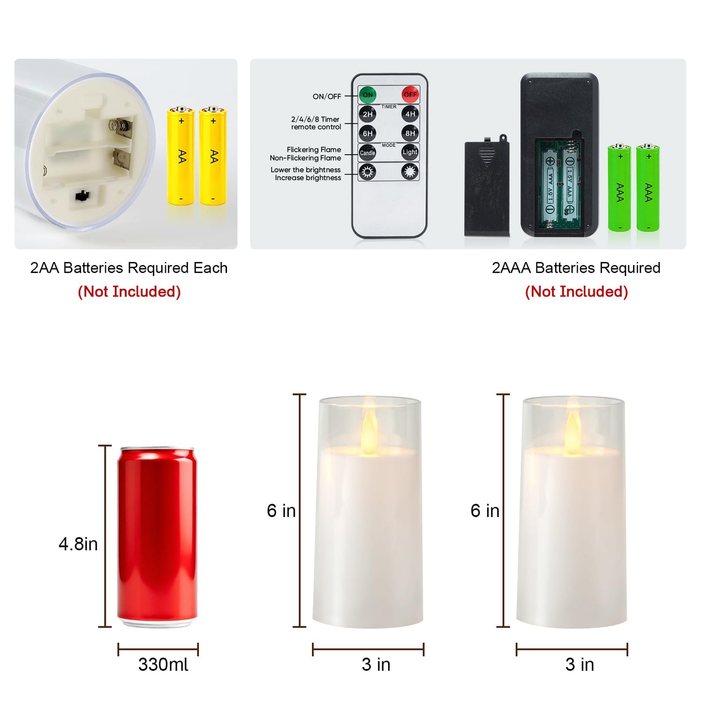 Raycare Flameless Electronic Pillar Candles with Remote Control and Timer- Battery Operated Realistic Flickering LED Fake Candle for Home, Wedding, Valentine's Day, Decor,White,Set of 2(3"x6"6")