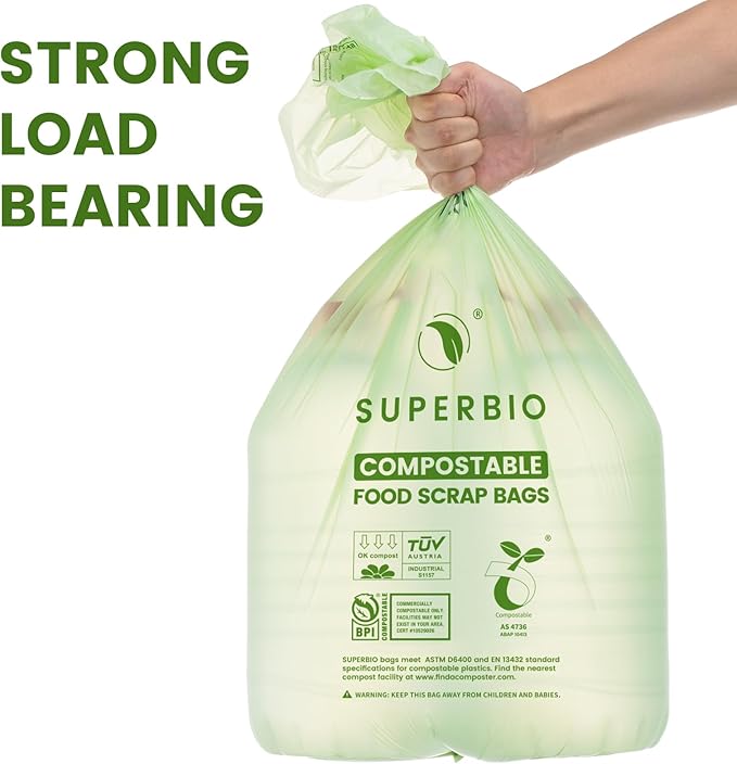 SUPERBIO 13 Gallon Flat Top Compostable Food Waste Bags, 2 Pack, 0.87 Mil