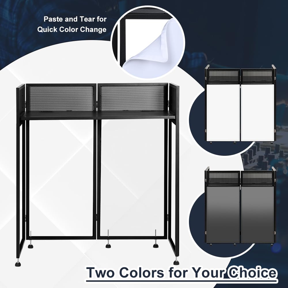 Kokorona Portable DJ Booth 43"L x 20"W x 45"H, DJ Facade Booth with Black & White Scrims, Folding DJ Booth for Party, DJ Facade Table Booth with Cable Hole, Black Metal Frame + Carry Bag