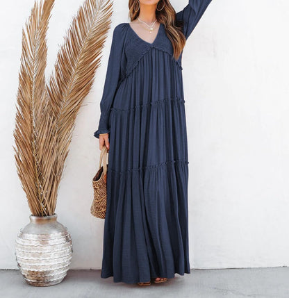 R.Vivimos Maxi Dress for Women Long Sleeve V Neck Empire Waist Layered Ruffle Boho Casual Flowy Long Dresses