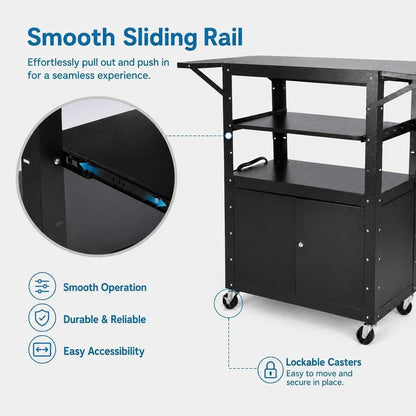 Adjustable Height AV Media Cart, 24-42 Inch Mobile Stand with Locking Storage, Extended Tray Organizer, Cable Management Wheels, for Home Office School
