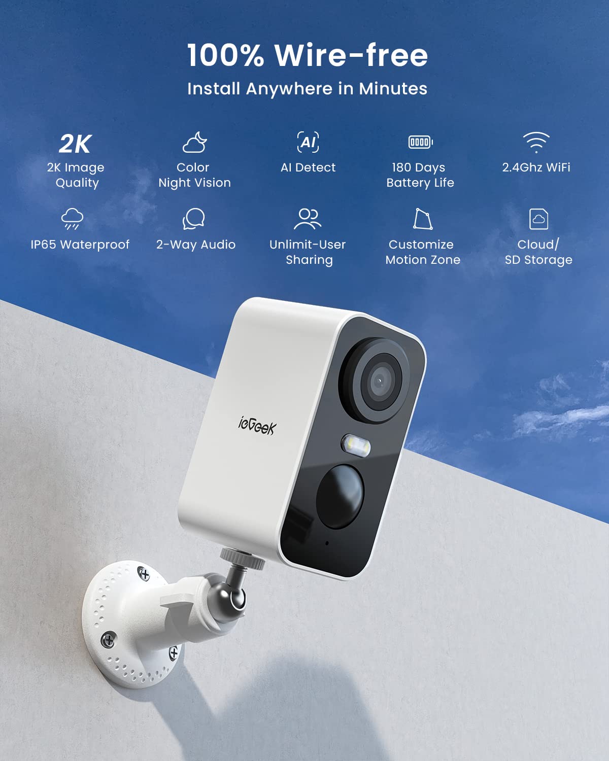 ieGeek No Monthly Fee 2K Wireless Security Camera Outdoor Colorful Night Vision, Rechargeable Battery CCTV Camera Systems, WiFi Home, Motion Detection, Siren Floodlight, Voice Intercom, Remote Access