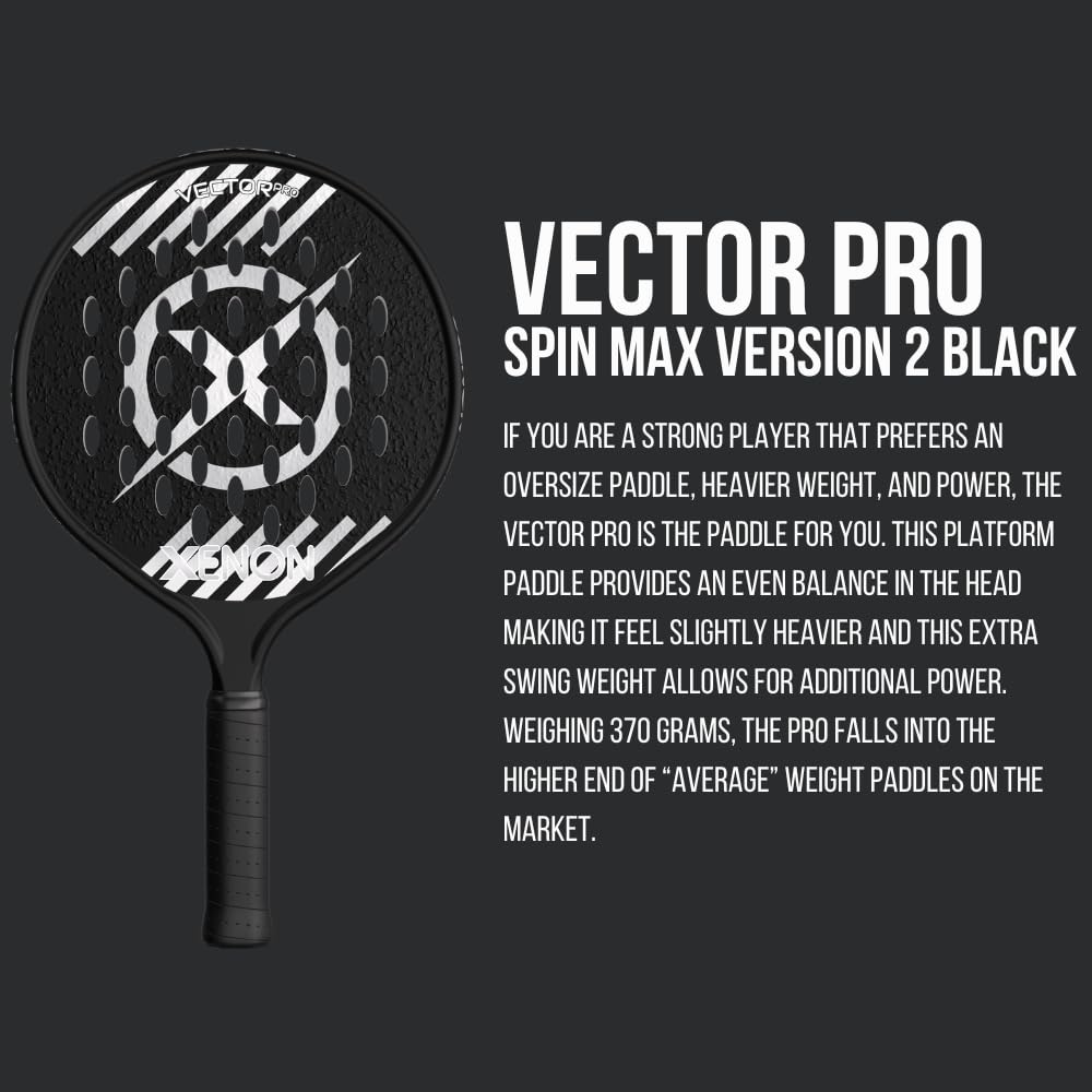 Vector Pro Spin Max Version 2 Platform Tennis Paddle by Xenon Paddle, Oversize Head, Even Balance Point, Medium Firmness Foam Core, Power and Control, 4.25” Grip, Black