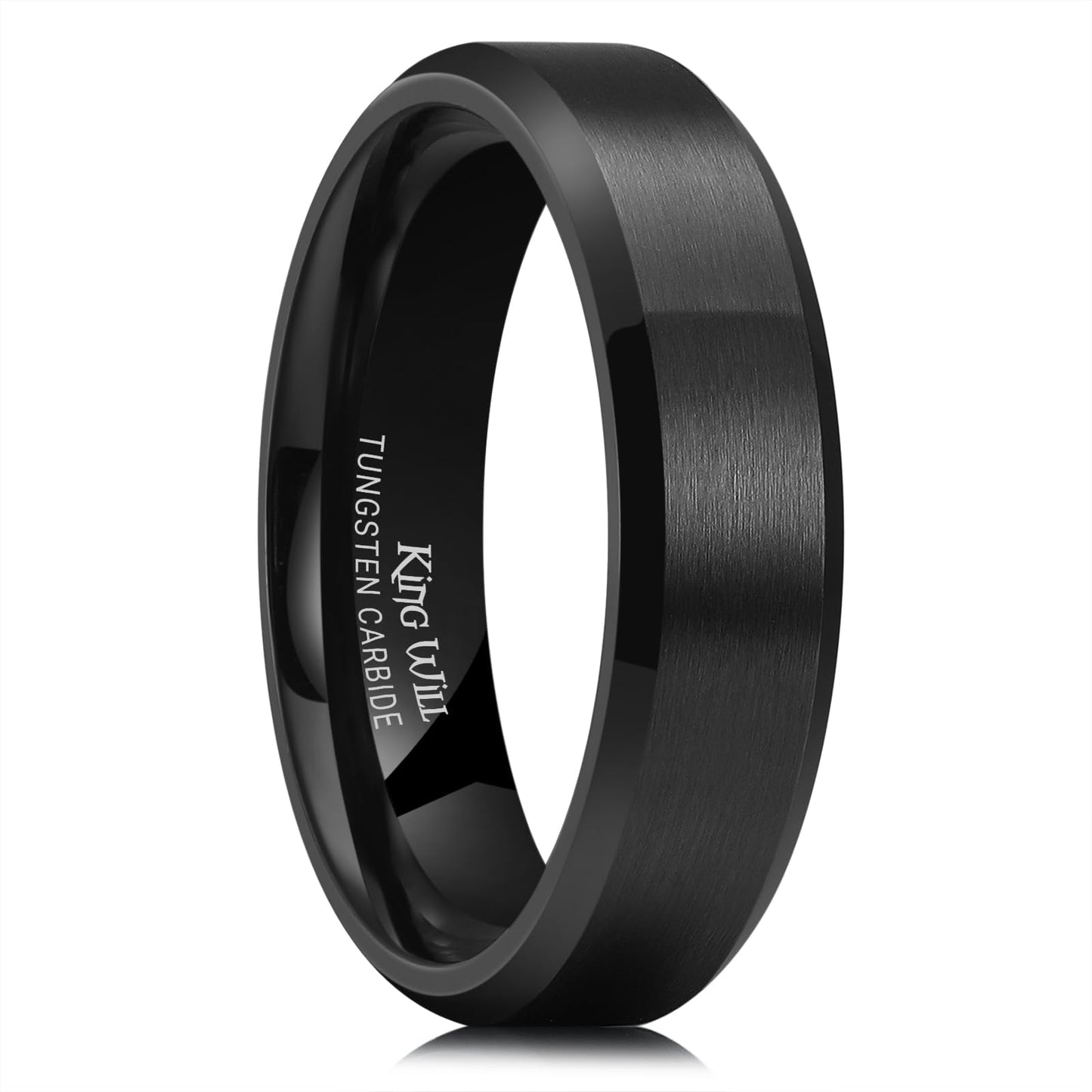 King Will 6mm Men's Black Wedding Ring - Brushed Matte Surface, Beveled Polished Edge, Comfort Fit Size 4